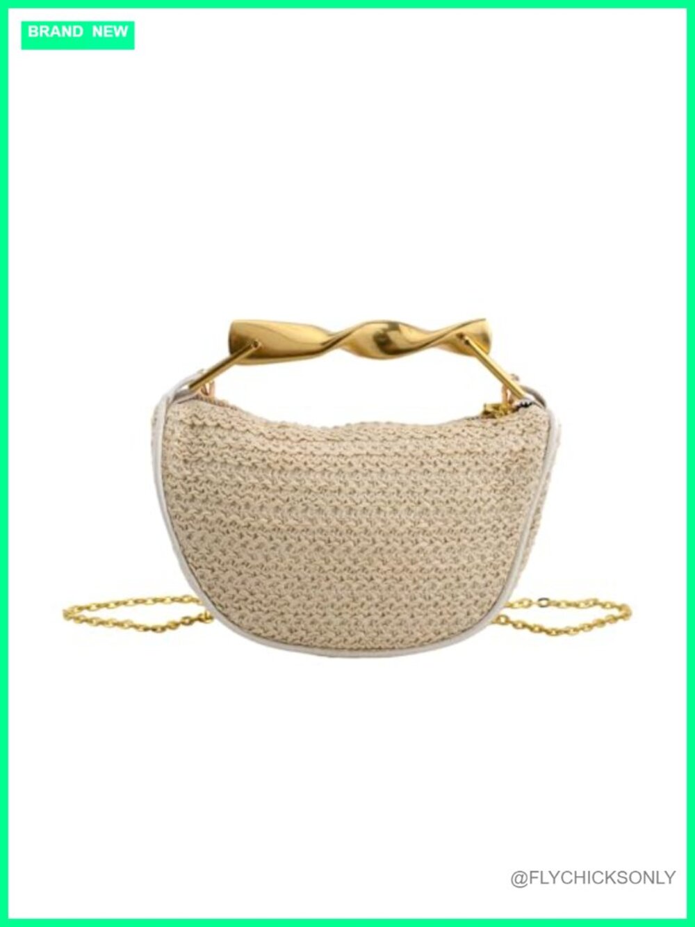 Woven Straw Clutch Bag, Small Gold Twist Handle Tote Handbag with Chain Strap,